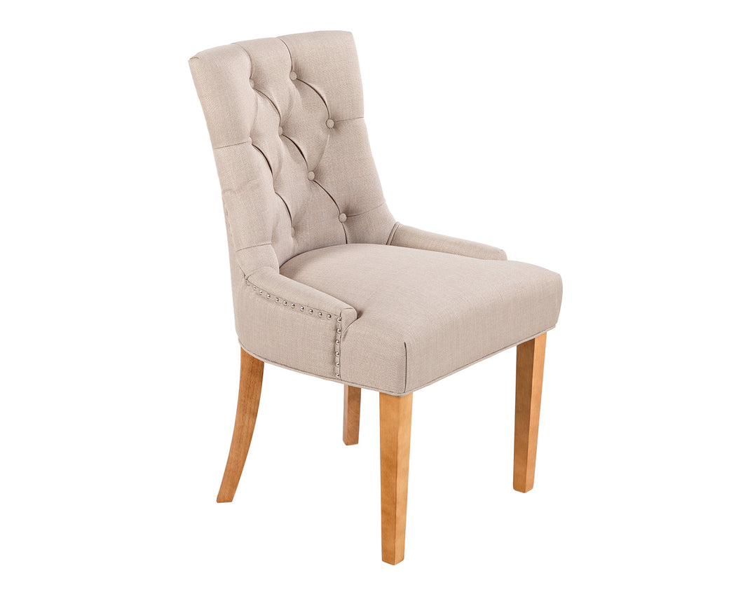 Verona Dining Chair in Cream Linen with Chrome Knocker and Oak Legs