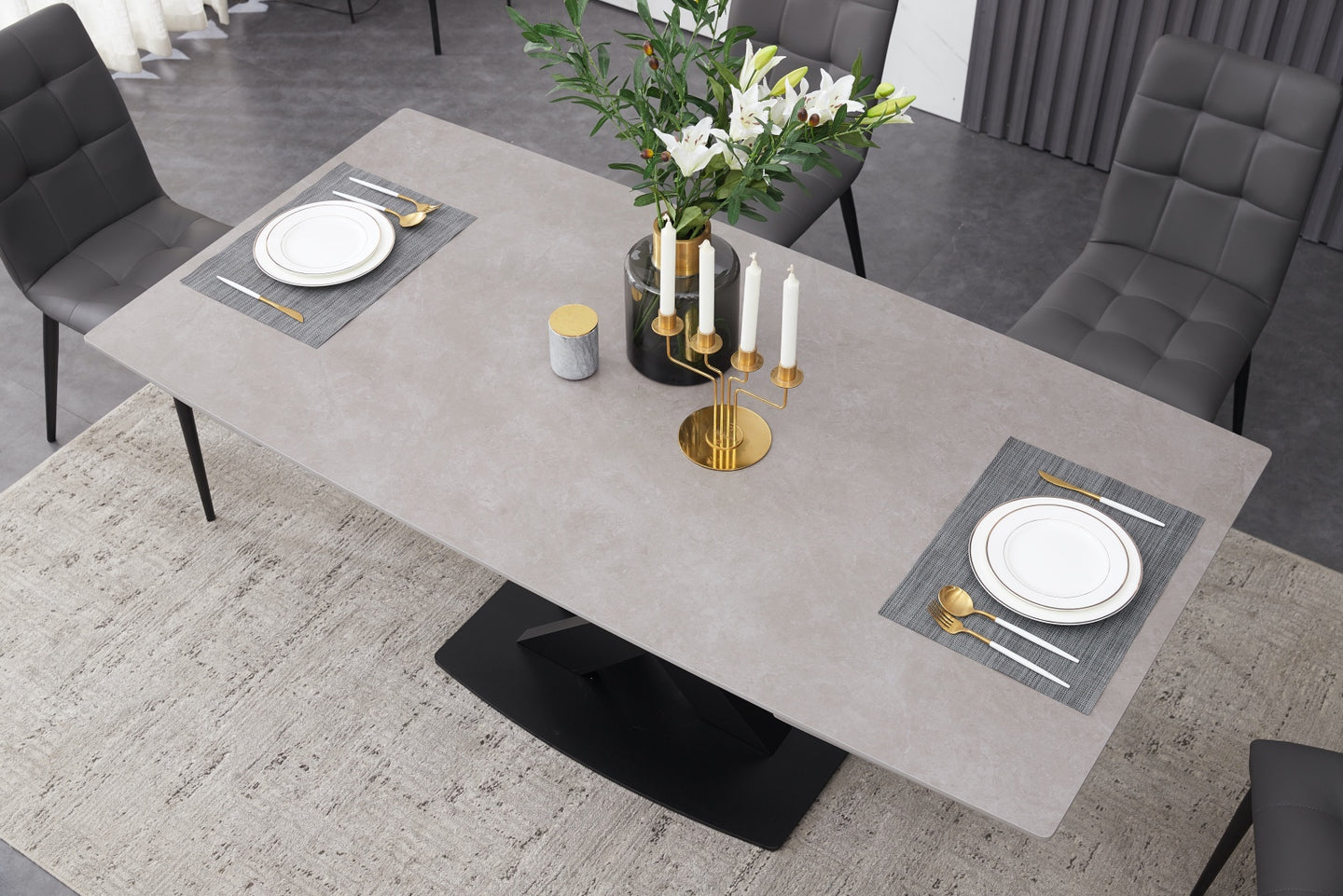 ceramic grey extending dining table inc 8 grey faux leather chairs
