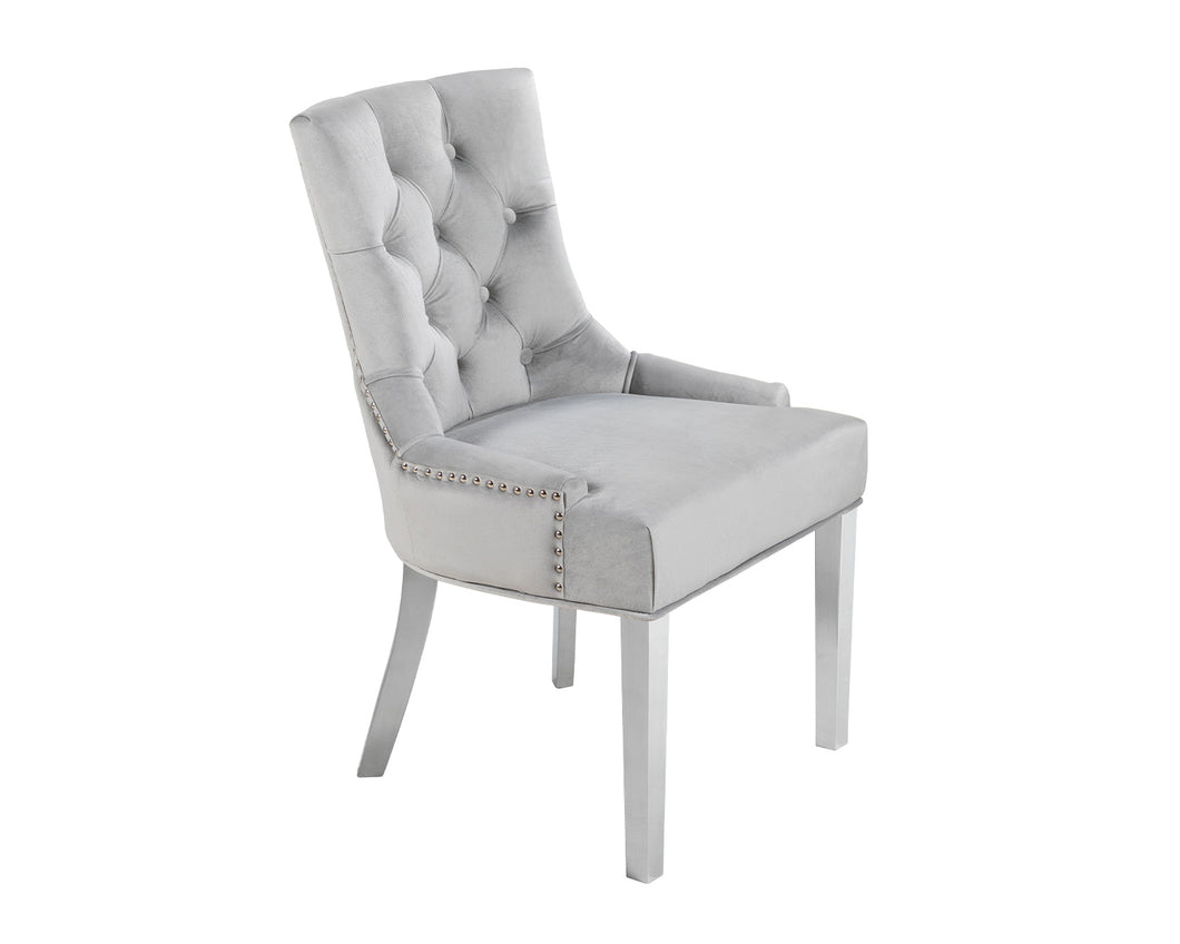 Verona Dining Chair in Light Grey Velvet with Chrome Knocker and Chrome Legs