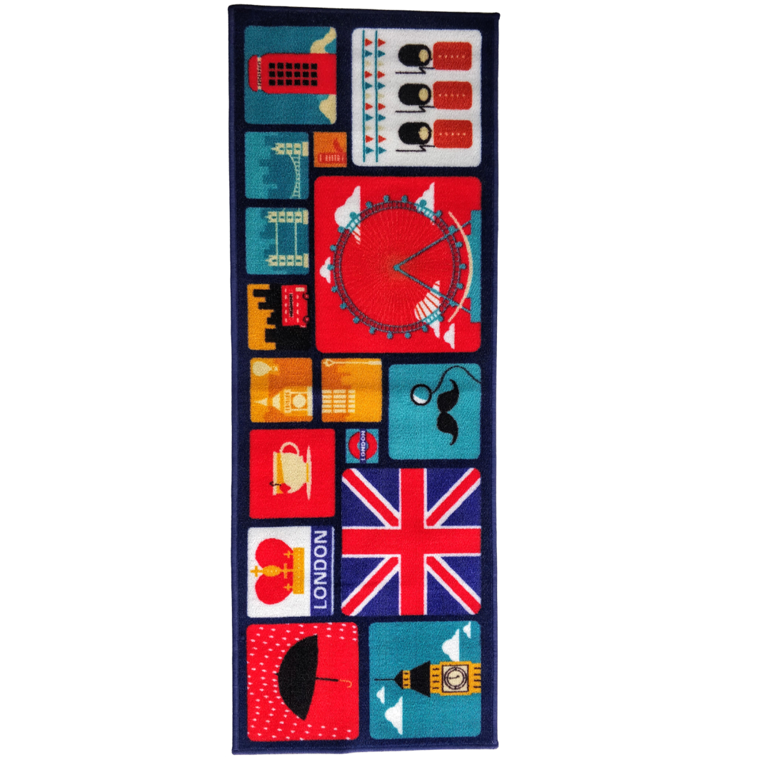 London Theme Multi Coloured Kitchen Runners Polyester Area Rug Non-Slip 137 x 49 cm
