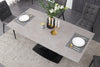 ceramic grey extending table with 6 grey faux leather chairs