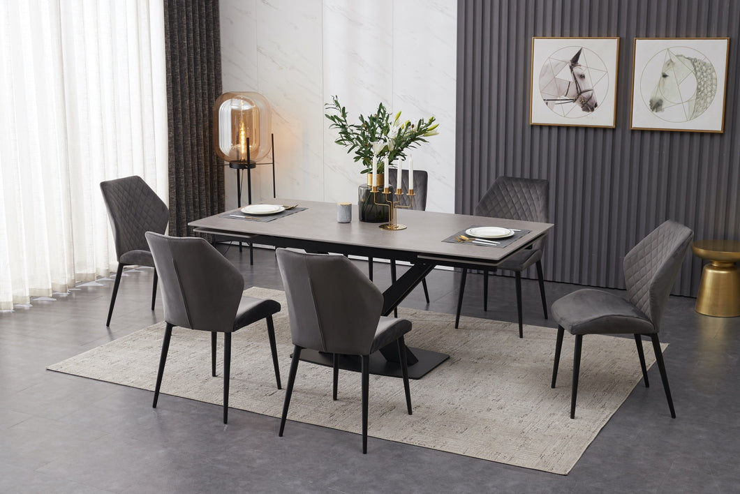 ceramic grey extending dining table with 6 velvet chairs