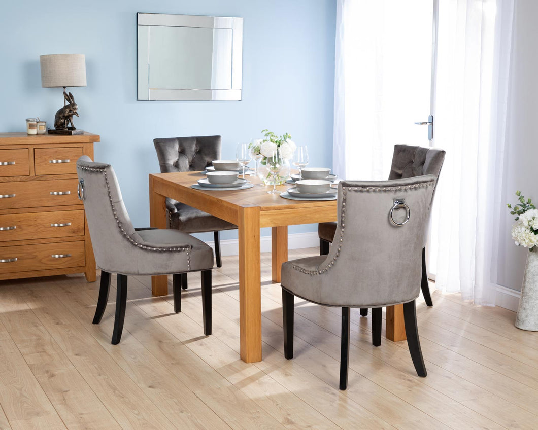 Rectangular Oak Dining Table and 4 Grey Velvet Verona Dining Chairs with Chrome Knocker and Black Legs