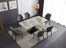 Load image into Gallery viewer, Ceramic Extending Table – White &amp; Copper Marble Style with 6 Velvet Chairs
