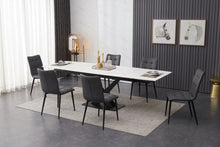 Load image into Gallery viewer, ceramic white extending dining table set inc 6 grey faux leather chairs
