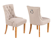 Load image into Gallery viewer, Pair of Scoop Back Verona Dining Chairs in Cream Linen with Chrome Knocker &amp; Oak Legs

