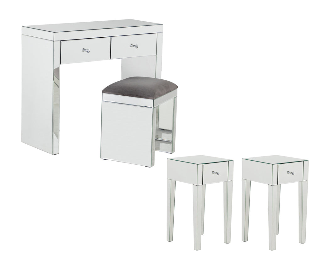 Monroe Silver Mirrored Console Table Set with 2 x 1 Drawer Bedside Tables and Stool
