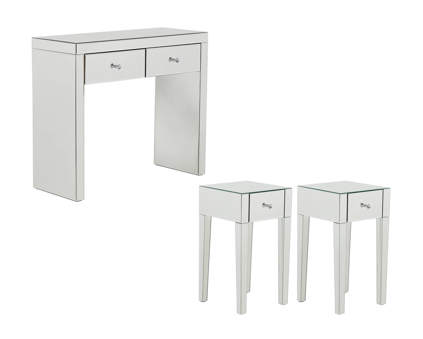 Monroe Silver Mirrored Console Table Set with 2 x 1 Drawer Bedside Tables