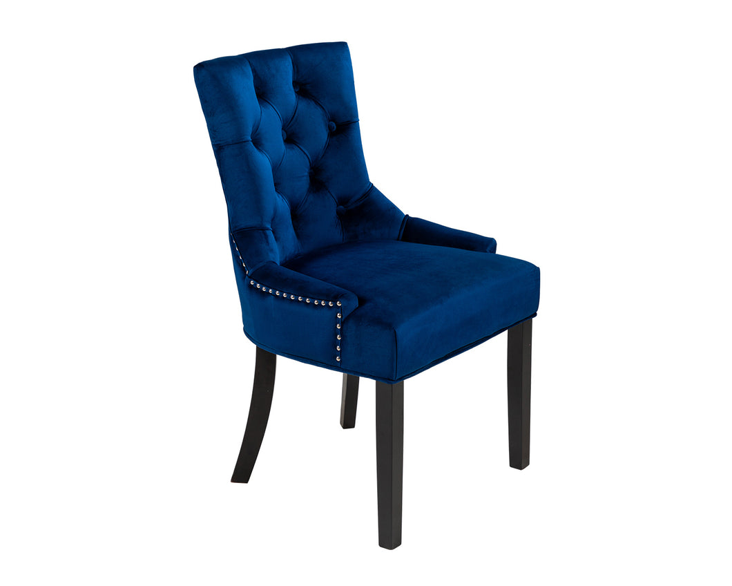 Verona Dining Chair in Royal Blue Velvet with Chrome Knocker and Black Legs